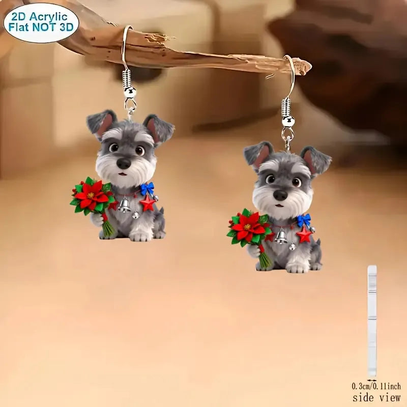Flat cartoon Schnauzer dog earrings in acrylic, unisex Christmas style animal jewellery, one pair