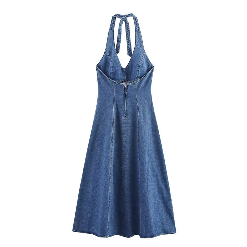 Off-the-shoulder backless denim dress for women, A-line lace-up halter neck, street trendy style, picture colour