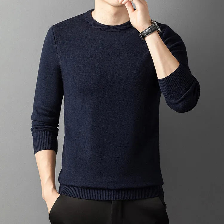 Core-spun yarn round neck semi-high collar knitted pullover sweater for men in khaki color