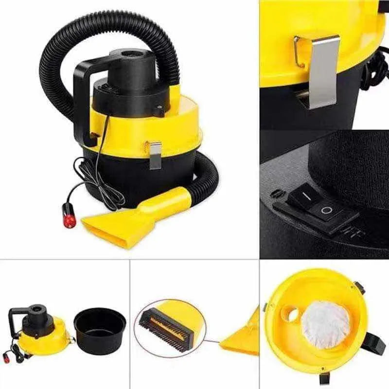 Car portable vacuum cleaner with high power 90W, red, with attachments including brush and hose on a car seat