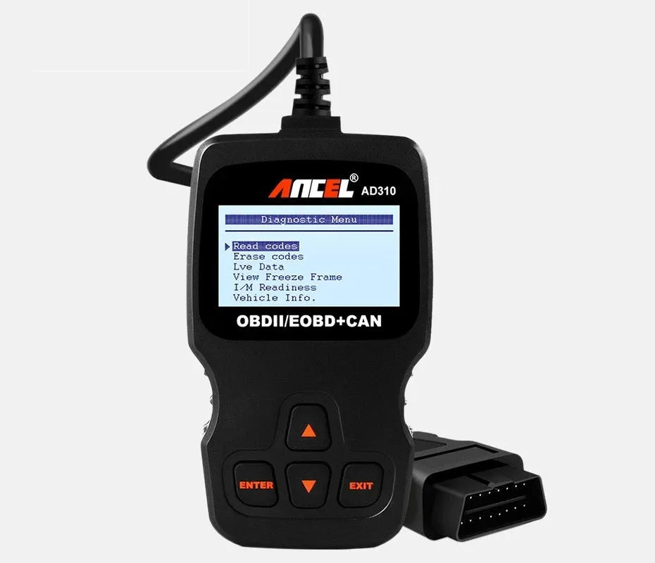 Black universal OBD2 automobile fault detector with engine scanning capability