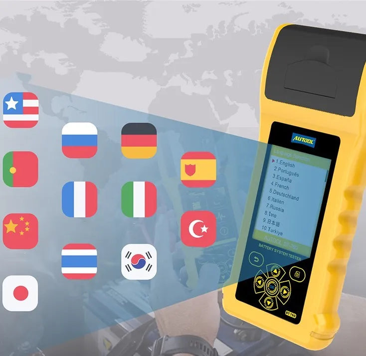 Autool BT760 vehicle battery tester with colour screen, connection clips, and thermal printer.