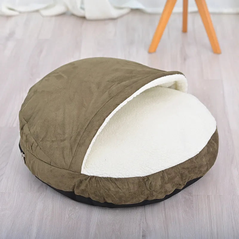A brown cloth dog kennel with a removable, washable design, shown in a home setting.
