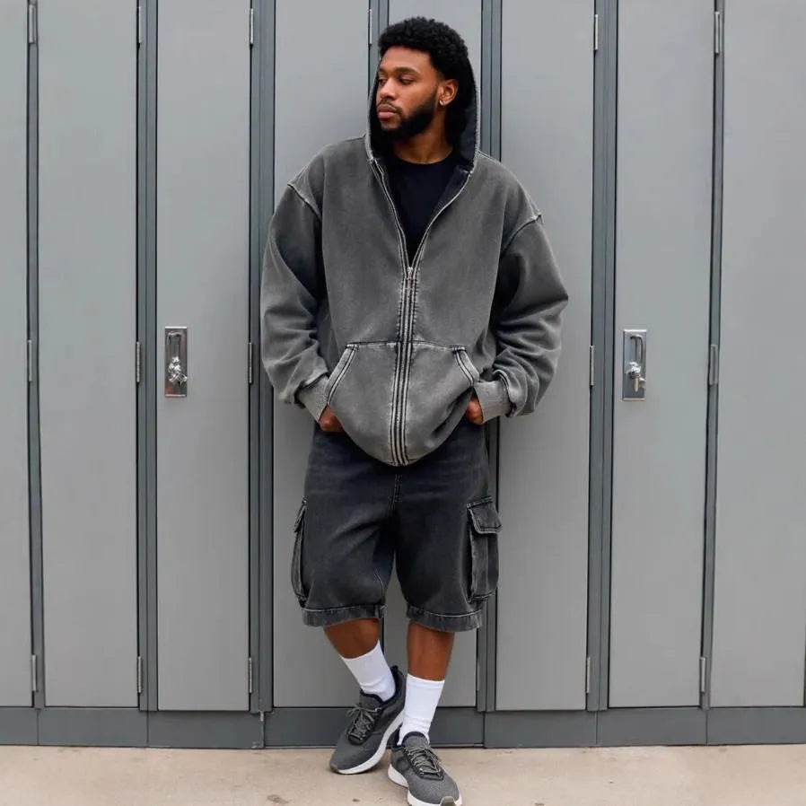 Men's loose fit hoodie and pants set in cotton with wool lining, available in S to XXL sizes