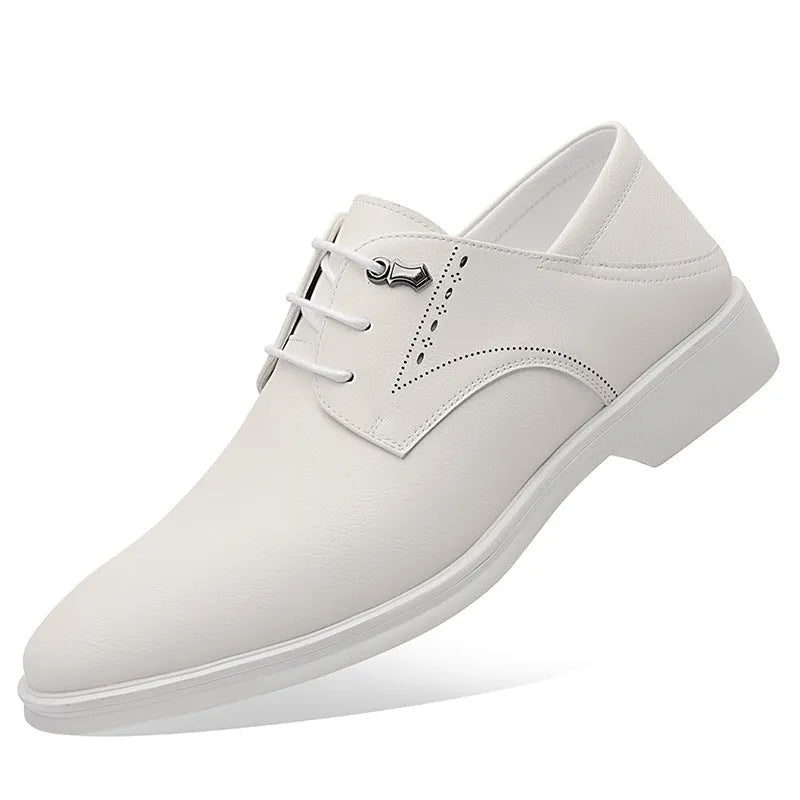 Men's black cow split leather pointed toe dress shoes with rubber sole on a white background