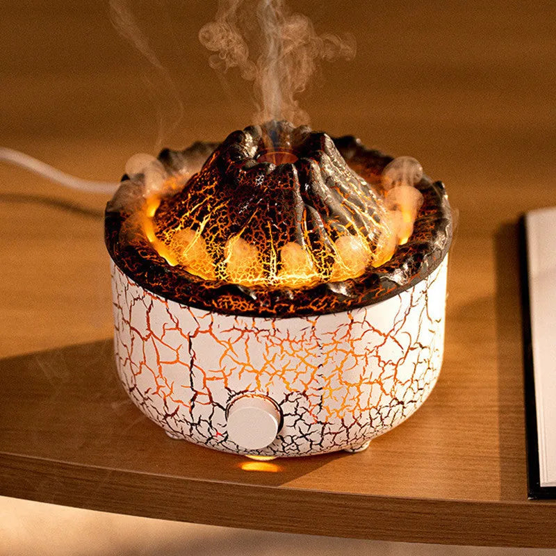 Volcano-shaped humidifier with LED flame effect emitting mist rings for atmospheric room enhancement
