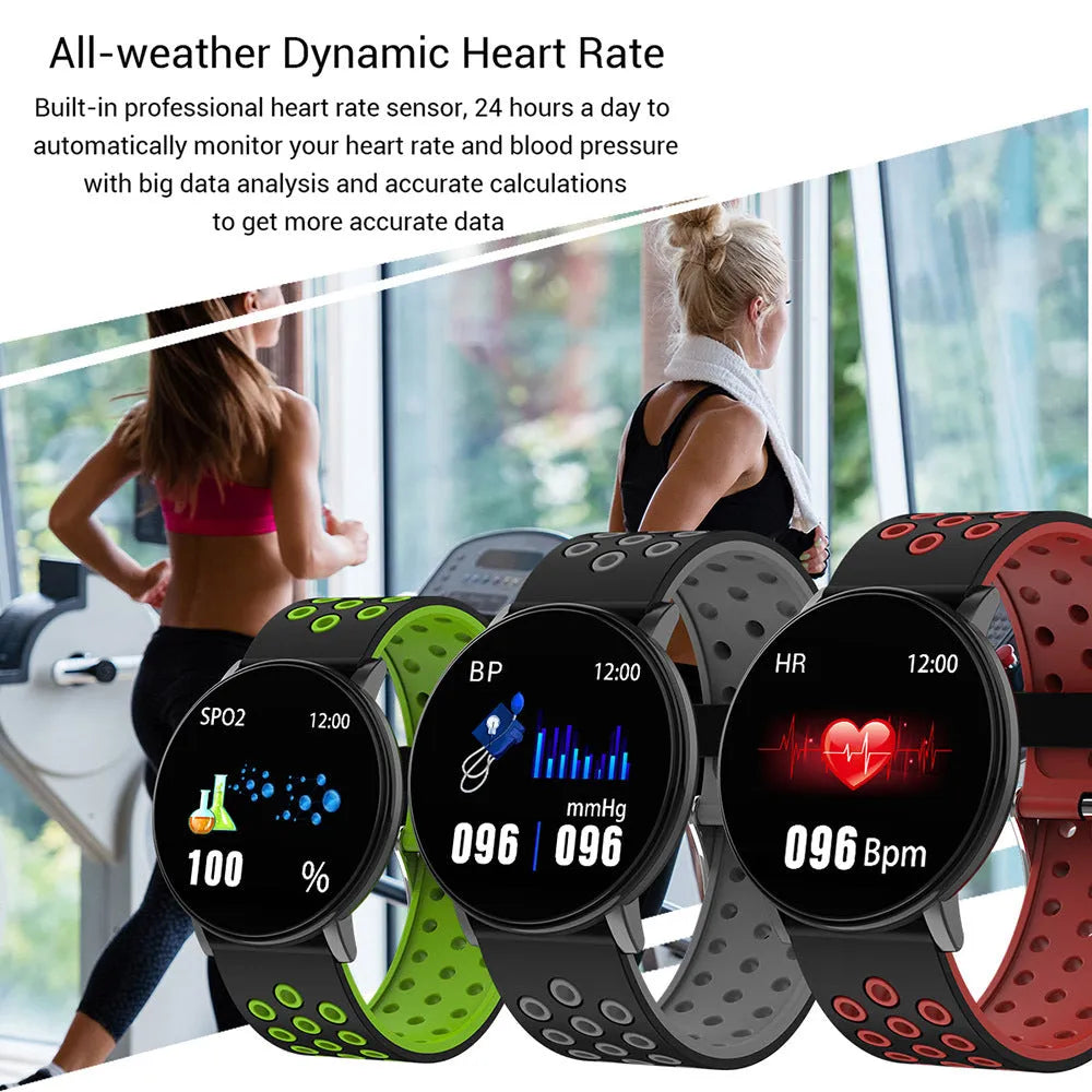 Sports smart bracelet with 1.3 inch screen and silicone strap in black colour option on white background