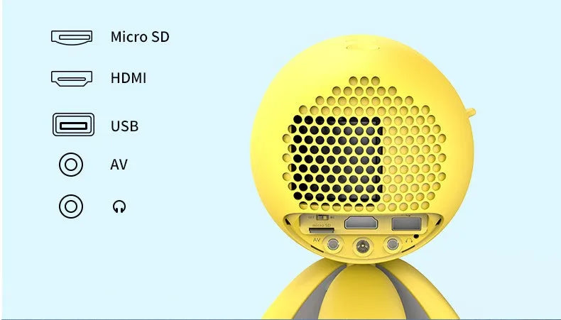 YG220 yellow and white LED projector showing front projection design with multiple international plug types