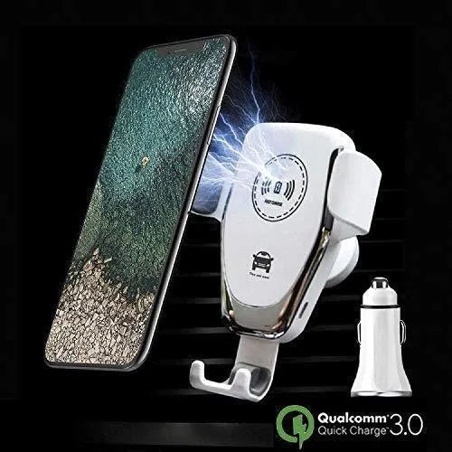 Black car wireless phone charger mounted on ventilation vent with iPhone securely clamped