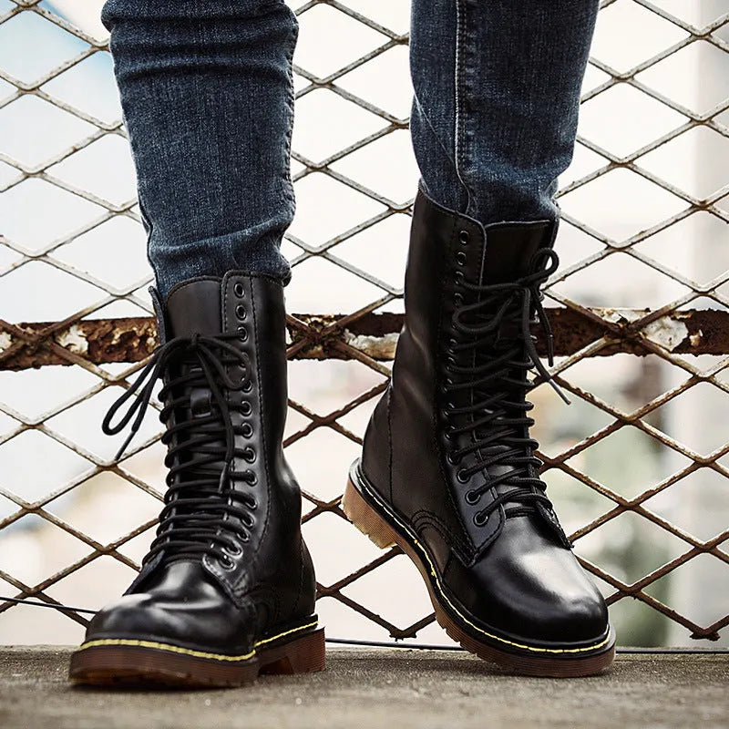 Men's black leather lace-up casual shoes with round toe and flat heel