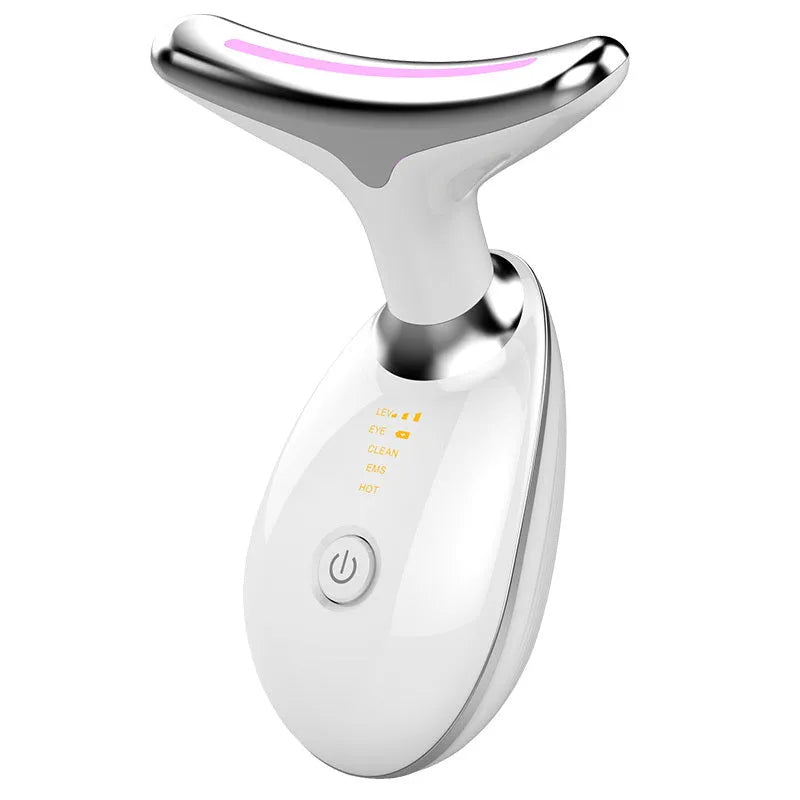 Black silver EMS thermal neck massager with LED lights for skin tightening and wrinkle reduction