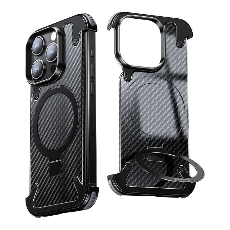 YILI shell carbon fibre magnetic bracket protective phone case for iPhone 16 Pro Max in matte black