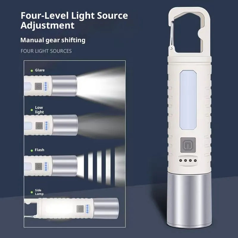 High-power ABS telescopic zoom flashlight with keychain, 800mAh battery, black body, portable outdoor illumination tool