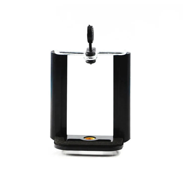 Black universal mobile phone clip holder with adjustable hose bracket on a white background.