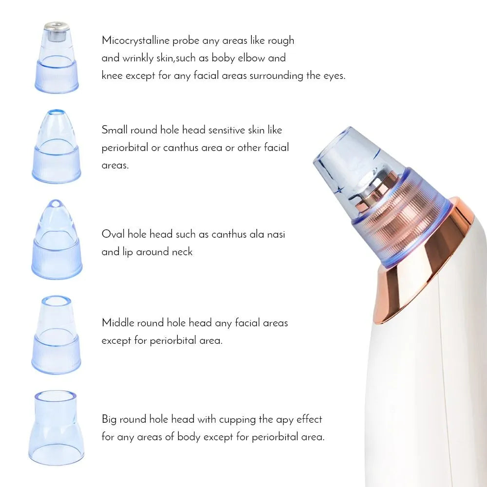 Handheld electric blackhead remover pore cleaner tool in black, gold, red, or white colour.
