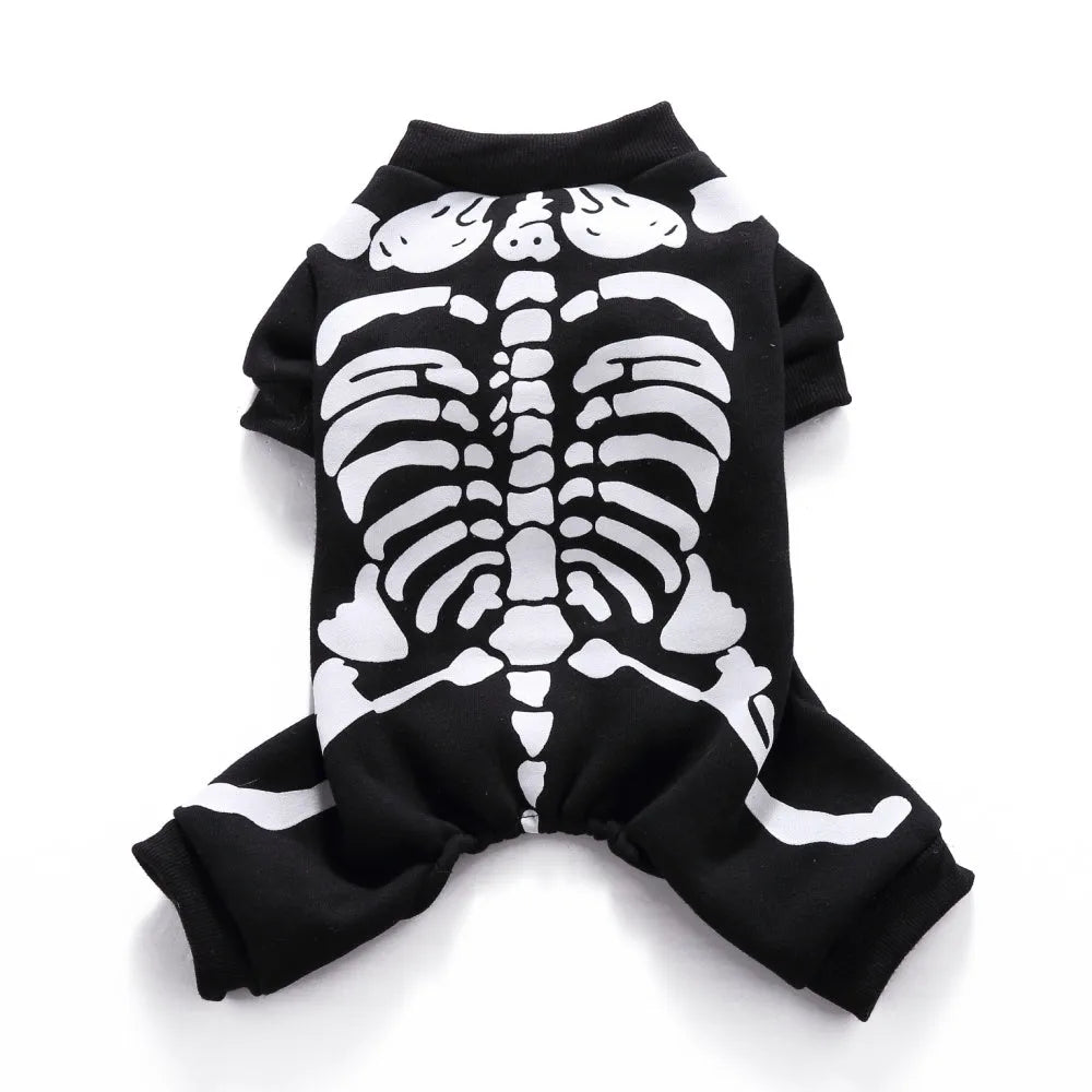 Black dog skeleton frame costume on a dog, polyester fabric, Halloween outfit