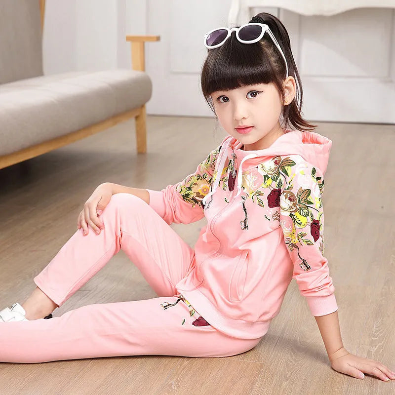 Children's hooded tracksuit set in pink, red or yellow with matching trousers