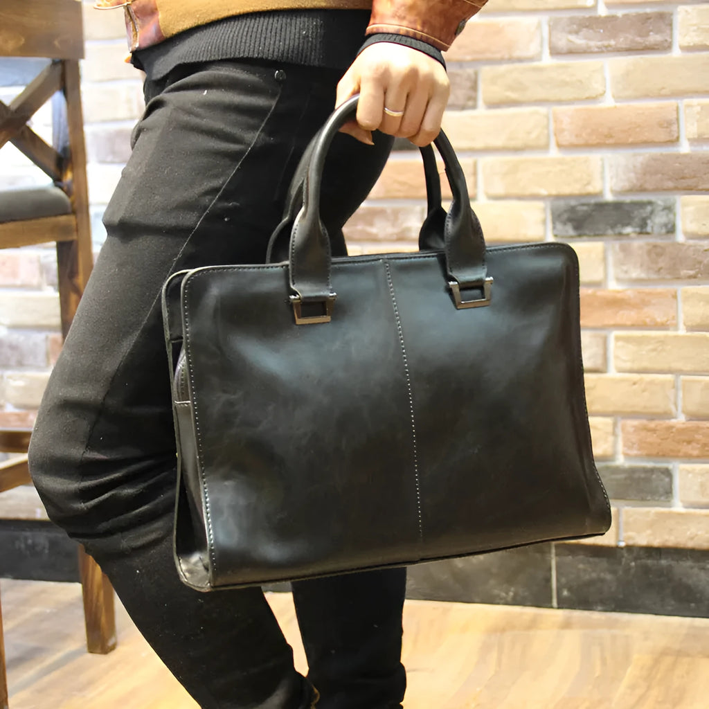 Men's leather-style business bag briefcase box shape zipper closure black coffee colour 38cm wide