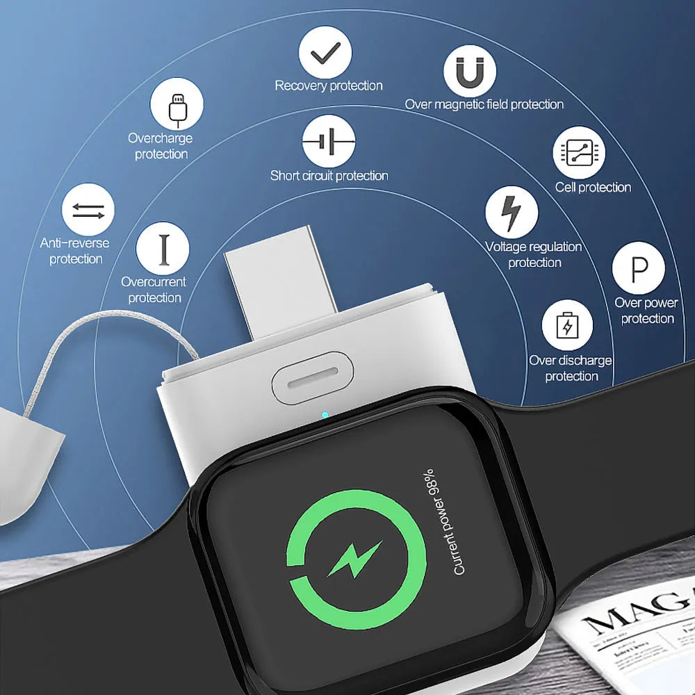 White magnetic wireless portable charger for Apple Watch showing compact size