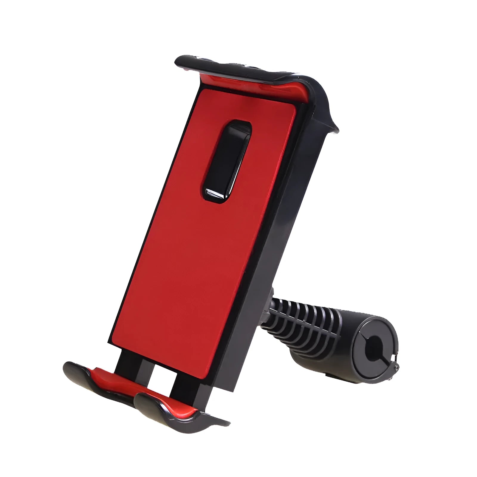 Black car headrest bracket holding tablet with 360-degree rotation mechanism