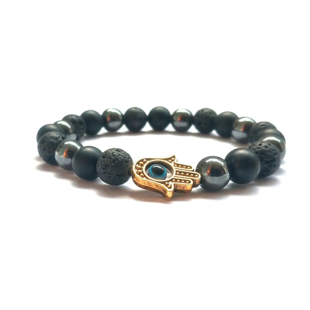 Handmade beaded bracelet with 8mm stone and alloy beads, 18cm-19cm circumference, in silver, blue, white, black, gold or sliver