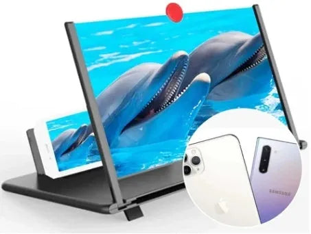 12-inch wood grain screen amplifier folding bracket for phones and tablets showing magnification effect
