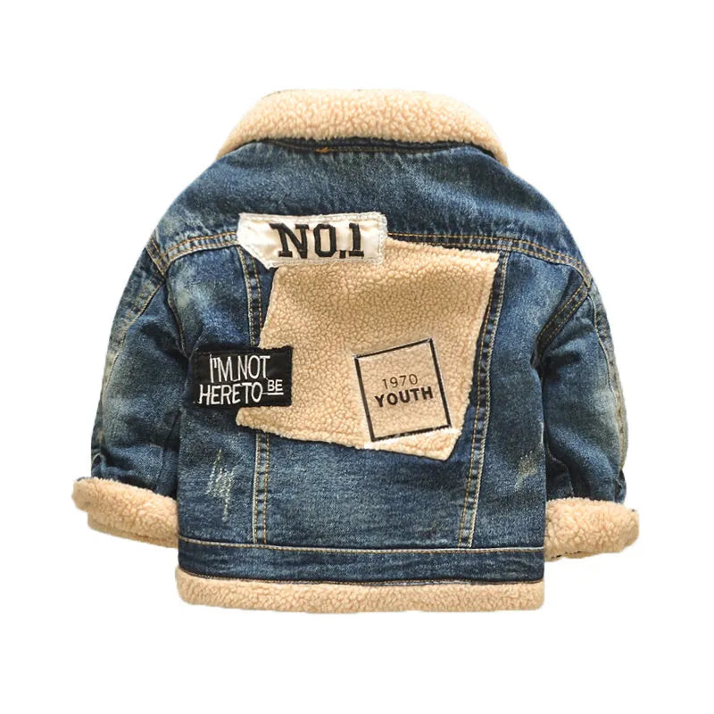 Children's baby thickened fleece-lined Korean style denim jacket with fur collar in denim colour, size 110 cm
