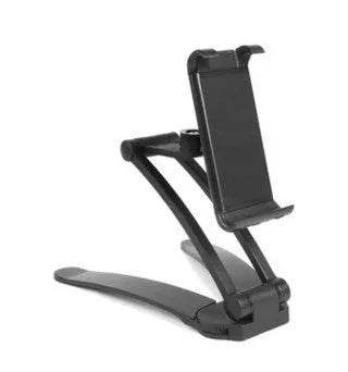 Silver aluminium alloy desktop tablet stand holding a tablet, showing its 360-degree rotation and adjustable chuck mechanism.
