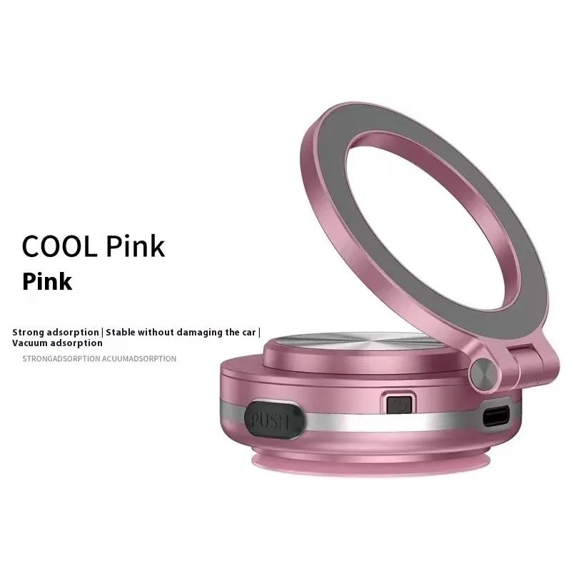 Car phone holder with vacuum adsorption mount and magnetic phone attachment in black, pink, or silver colours