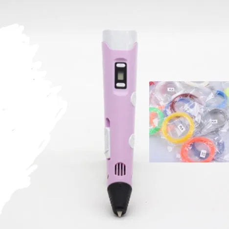 Yellow 3D printing pen with 12 colour PLA filament spools and UK power adapter on a white background