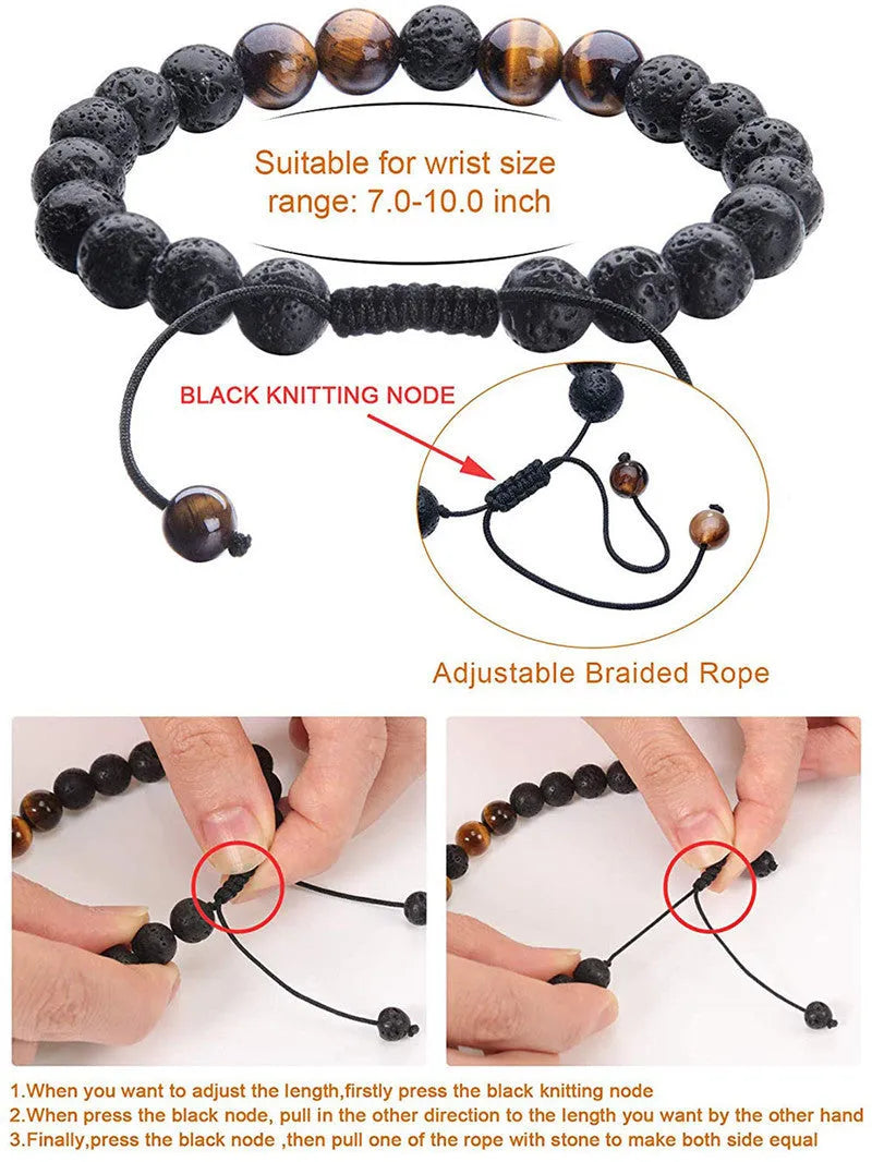 Matte black agate bead couple bracelets with geometric design on a plain background.