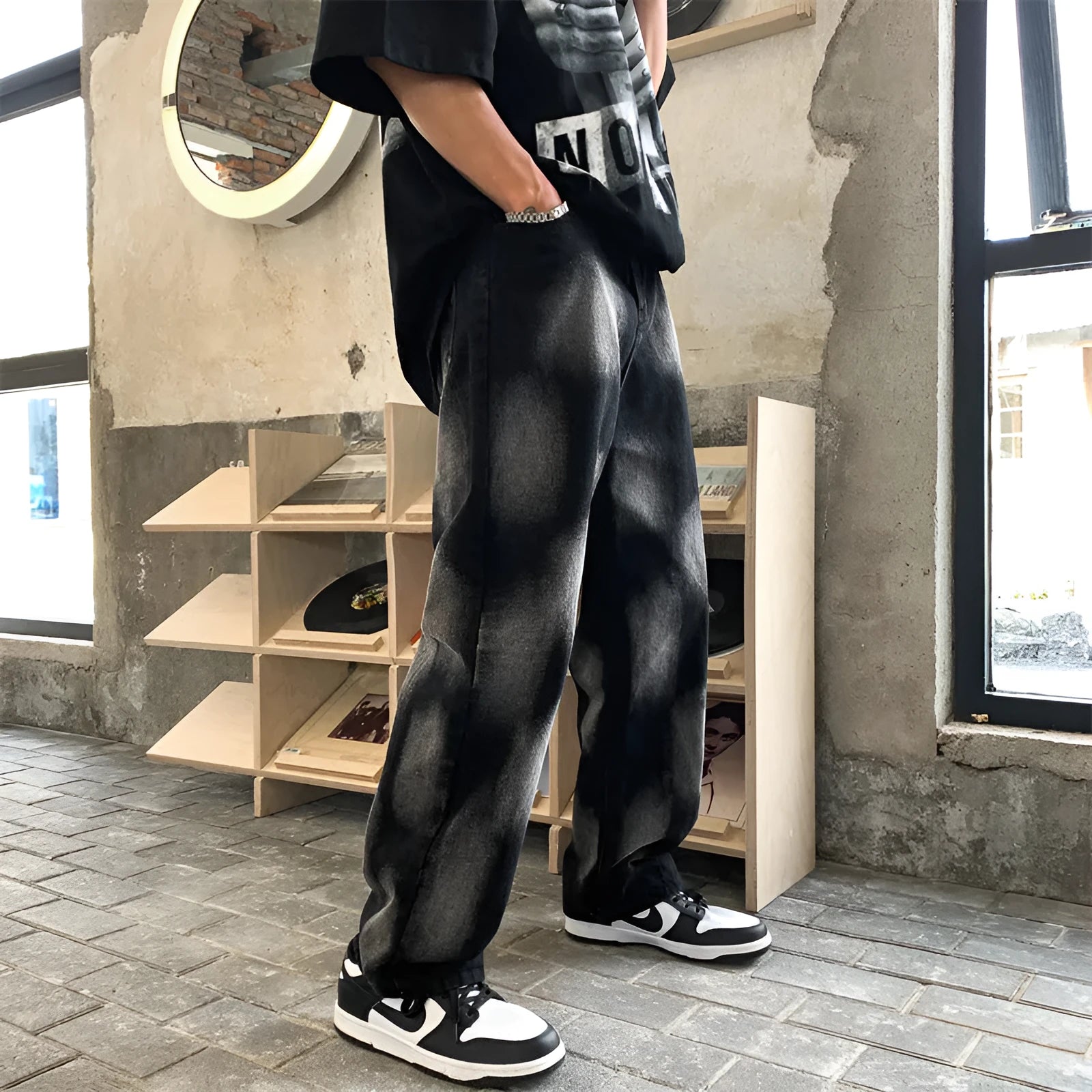 High Street tie-dye hip-hop straight jeans for men and women in black cotton, size options S to 2XL