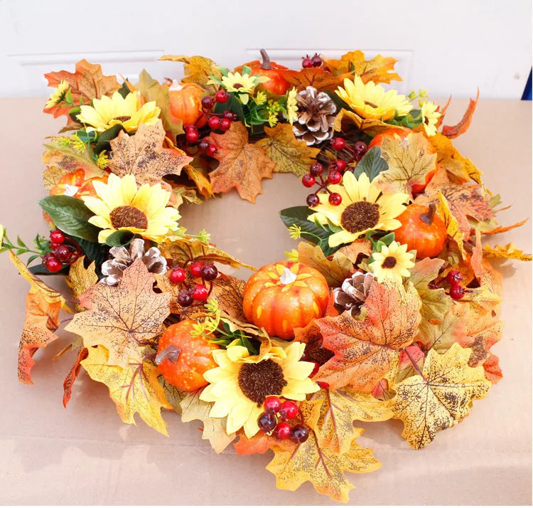 Simulation autumn pumpkin wreath with fabric leaves, berries, pine cones on natural vine ring, 50cm diameter