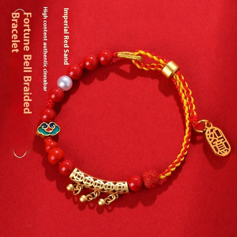 Cinnabar red rope bell-bracelet with hand-woven geometric design and round elements