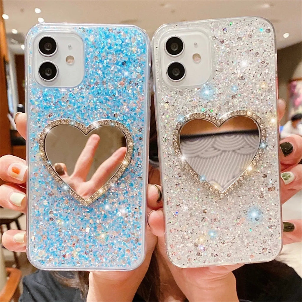 Epoxy mirror heart shape rhinestone phone case for Apple iPhone in glitter heart mirror-gold finish with reflective surface