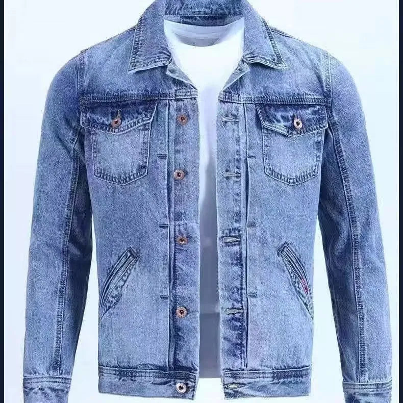 Men's denim workwear jacket in black gray, Korean slim fit, loose version, straight hem, conventional sleeves