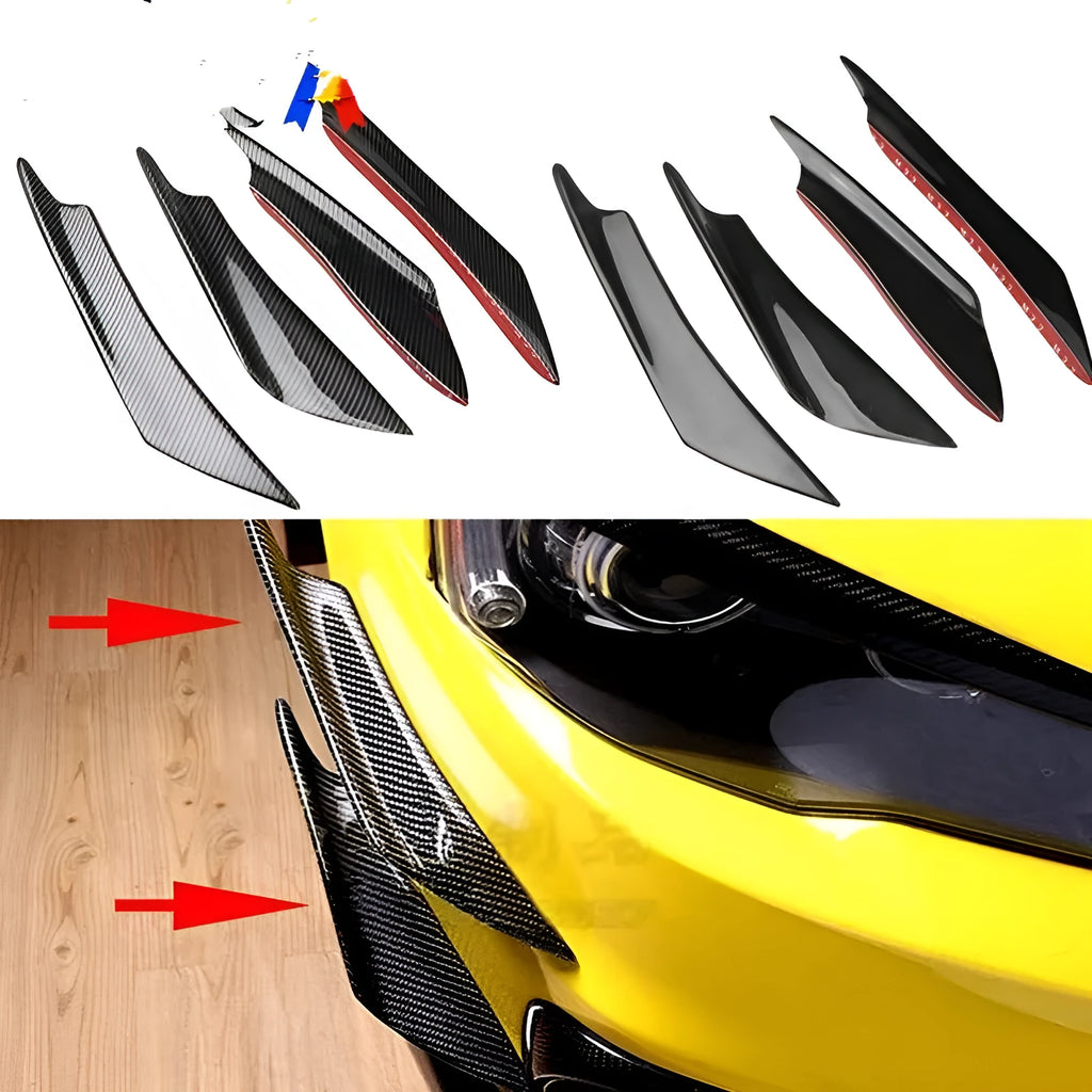 Set of four carbon fibre effect ABS plastic bumper spoiler blades for car modification.