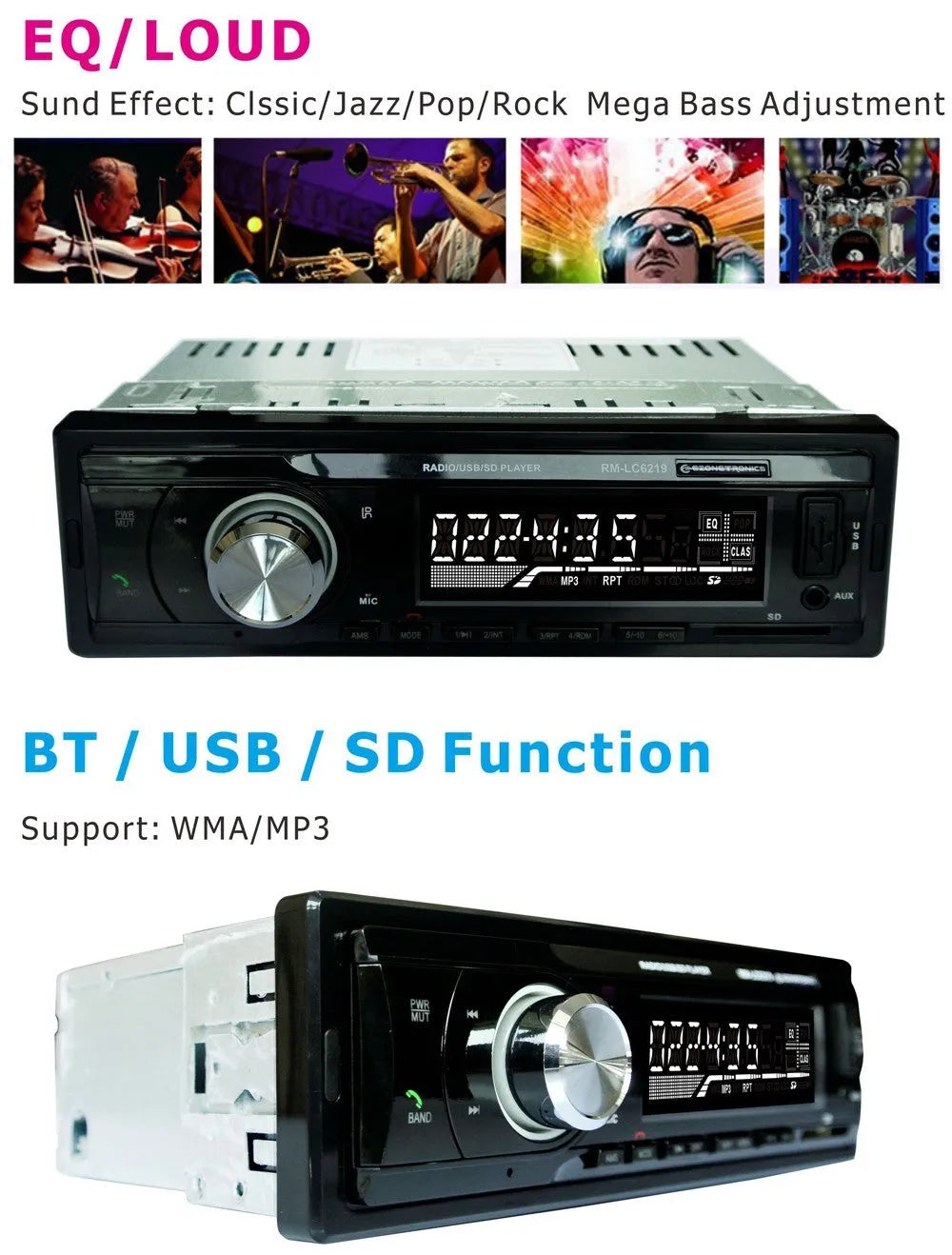 EZONETRONICS car stereo receiver with Bluetooth, USB and SD card slots for vehicle audio