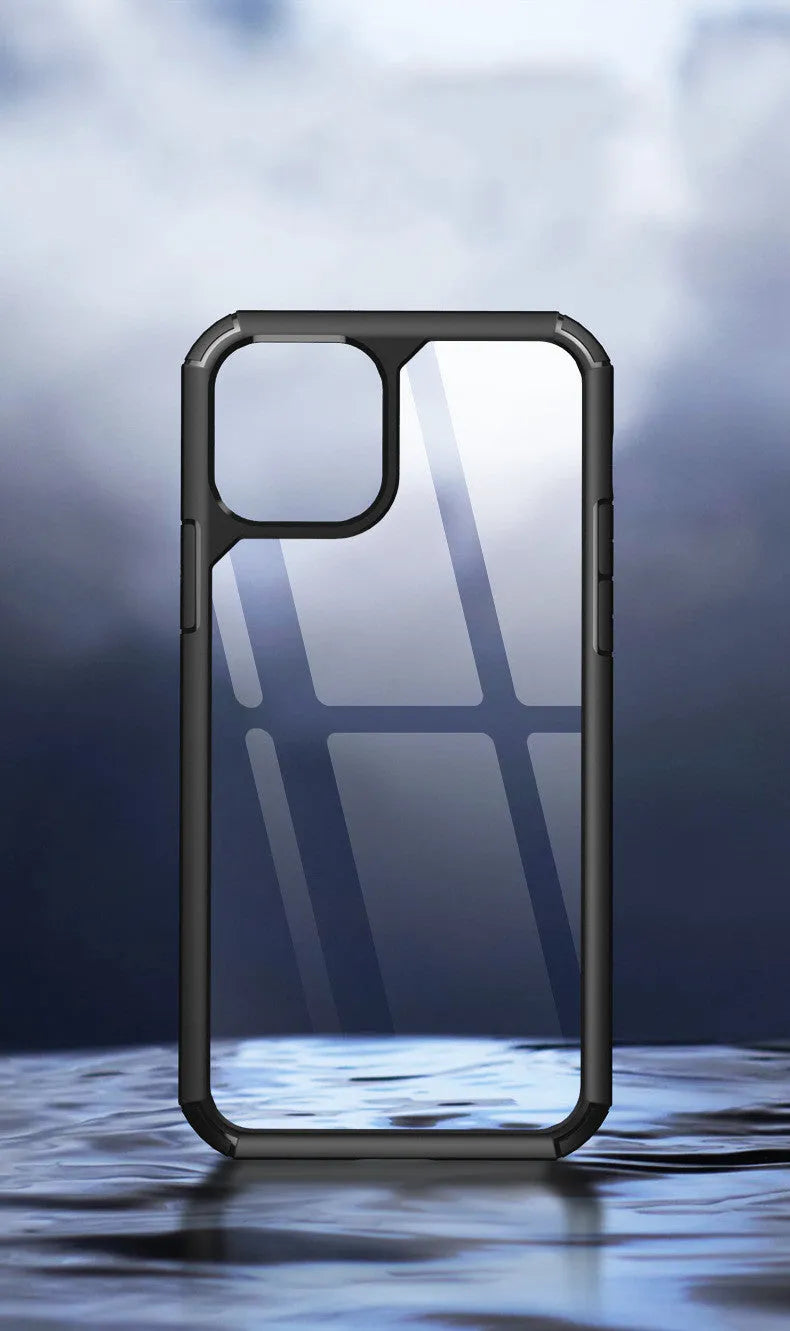 Transparent anti-fall smartphone protective sleeve in black, showing iPhone 11 model inside.
