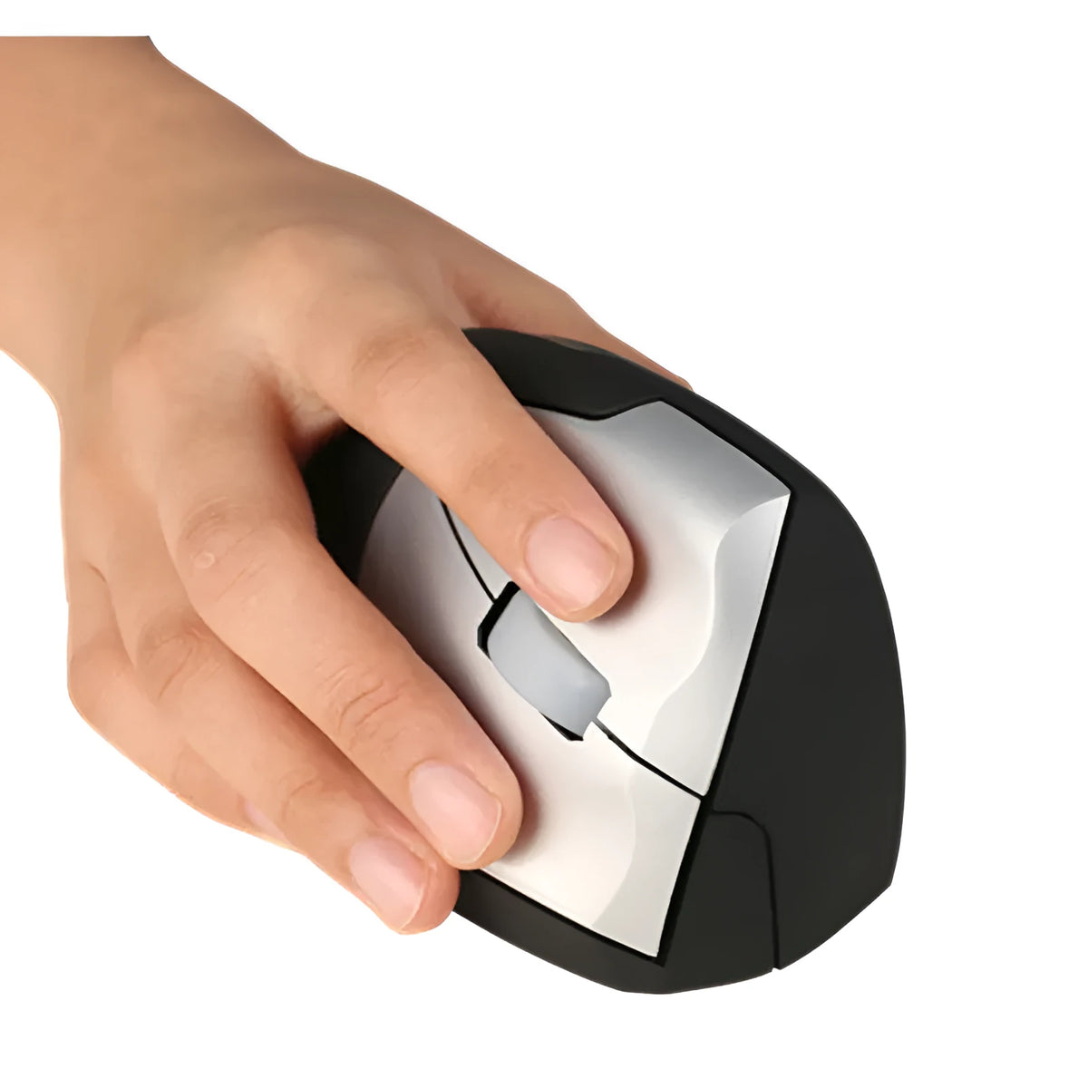 Black wireless vertical mouse with 2.4GHz USB connection, 1200dpi photoelectric sensor, three buttons, and full-size rat shape for desktop use.