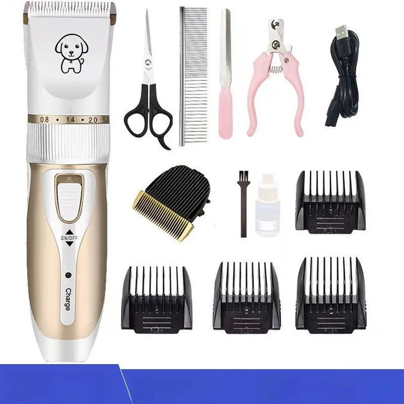 White pet electric clipper with ceramic blade, four combs, brush, and USB cable for dog grooming