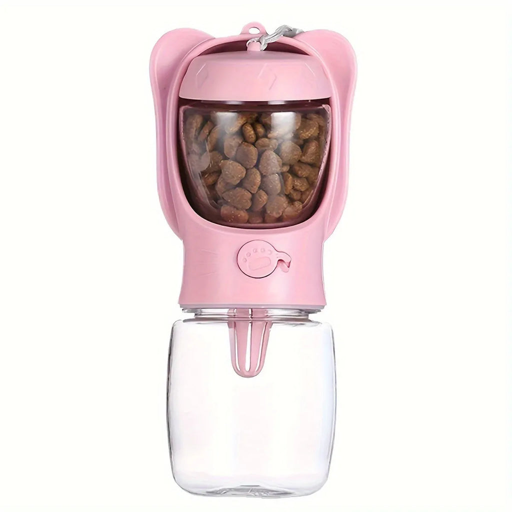 2-in-1 portable dog water bottle with food container, leak-proof, 350ml, green, on hiking trail