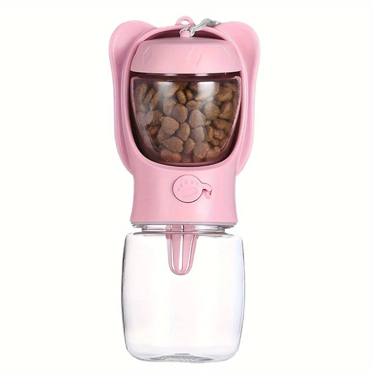 2-in-1 portable dog water bottle with food container, leak-proof, 350ml, green, on hiking trail