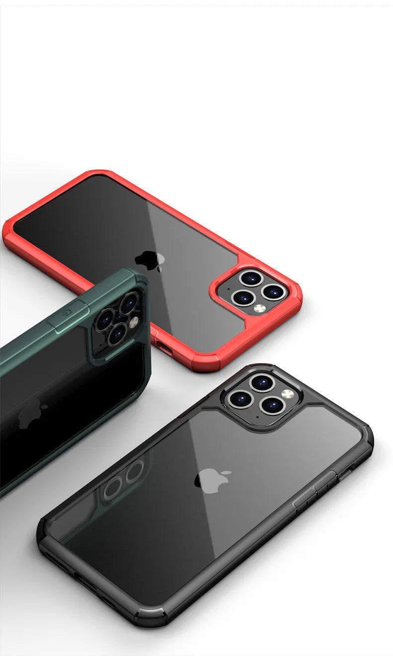 Transparent anti-fall smartphone protective sleeve in black, showing iPhone 11 model inside.