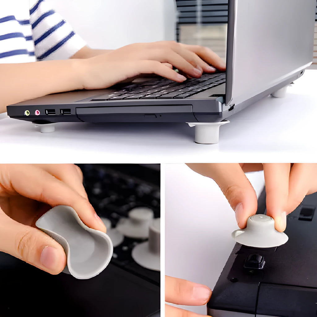 Grey plastic laptop cooling pad set showing two large and two small pads on a wooden desk.