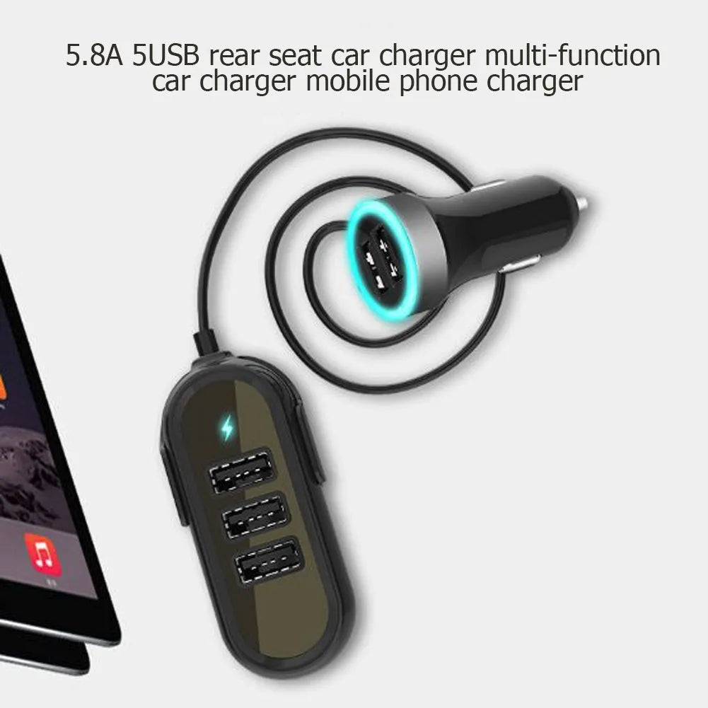 Black and white car rear seat charger with 6.8A USB output, 12-24V input and ABS PC housing