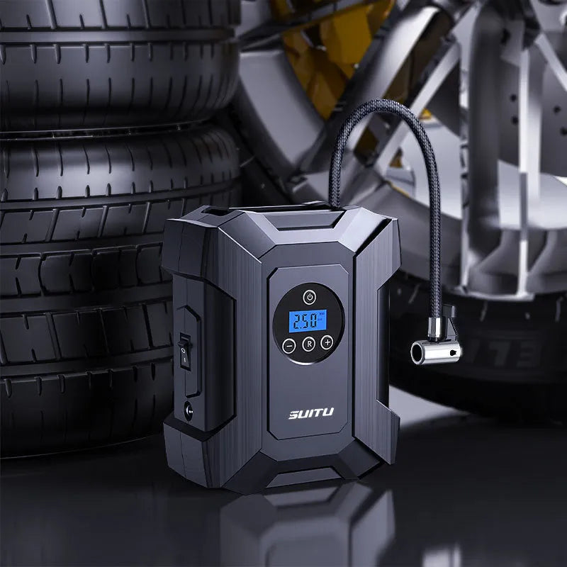 Portable 120W car air pump with digital display, LED light, and 300cm power cord for SUV tyre inflation