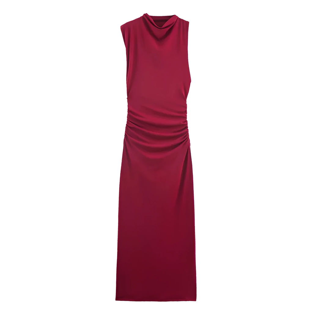 Women's red cotton pleated long dress with asymmetric skirt and stripe pattern on model