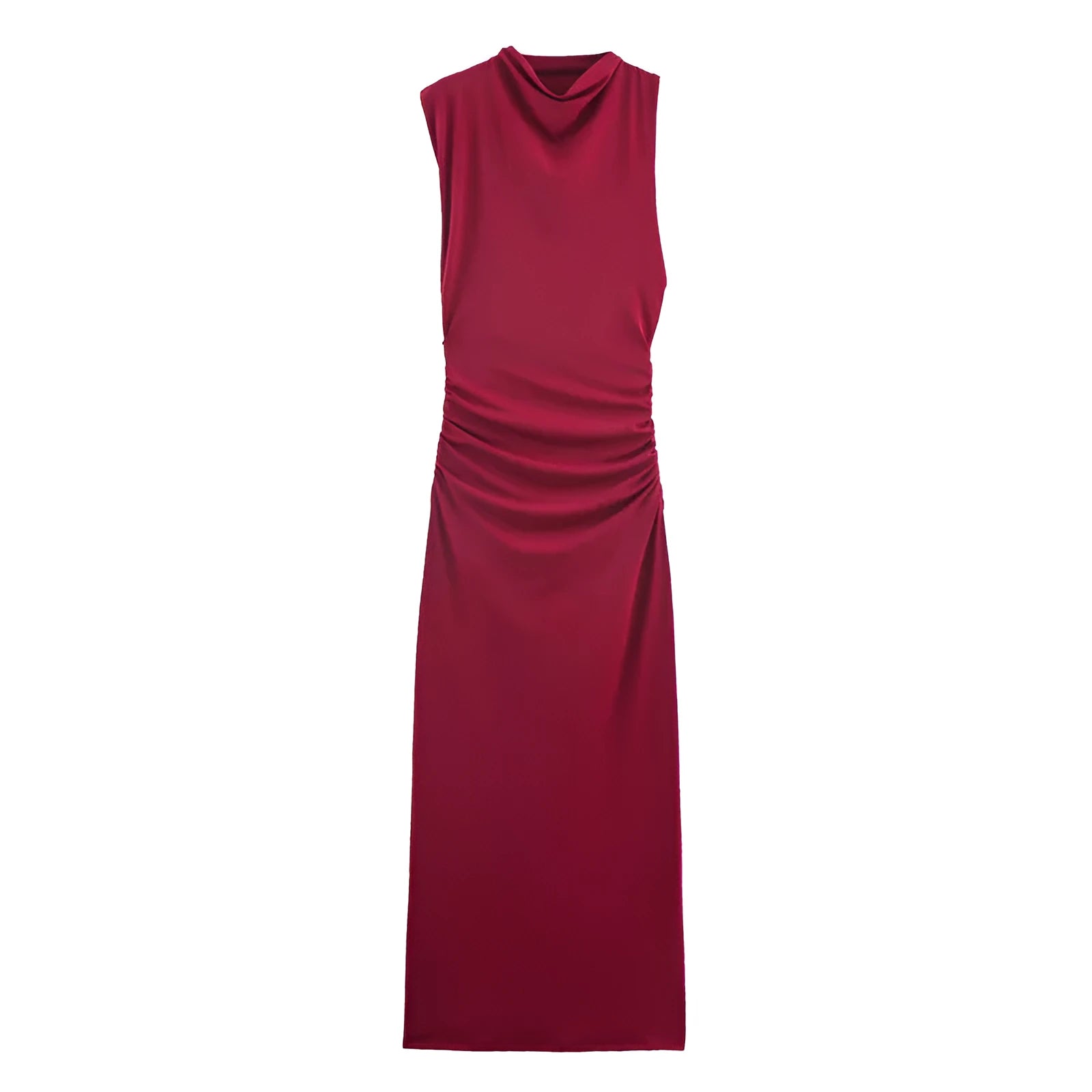 Women's red cotton pleated long dress with asymmetric skirt and stripe pattern on model