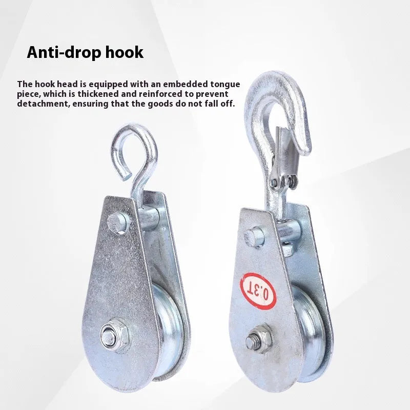 Red or galvanised industrial steel lifting pulley with a forged hook and safety latch.